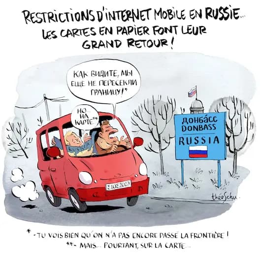 RESTRICTIONS D'INTERNET MOBILE EN RUSSIE. LES CARTES EN PAPIER FONT LEUR GRAND RETOUR ! КАК ВИДИТЕ, МЫ ЕЩЁ НЕ ПЕРЕСЕКЛИ ГРАНИЦУ!* HO... KAPTE*** TU VOIS BIEN QU'ON N'A PAS ENCORE PASSÉ LA FRONTIÈRE! **- MAIS... POURTANT, SUR LA CARTE...